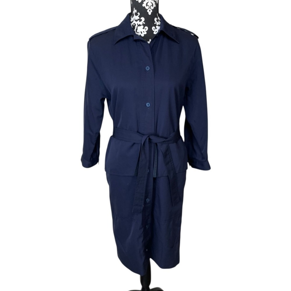 Vtg‎ Guy Larouche Trenchcoat Women M Navy Blue Belted Clean Girl Classic France